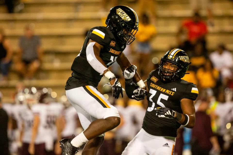 Southern Miss Golden Eagles linebacker TQ Newsome (35) celebrates during a game against Texas State at M.M. Roberts Stadium in Hattiesburg on Saturday, Sept. 30, 2023. Hannah Ruhoff/Sun Herald