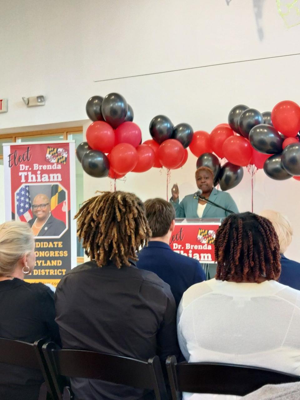 Brenda Thiam announces her candidacy in the Republican primary for the 6th Congressional District earlier this month at the Black Rock Center for the Arts in Germantown, Montgomery County