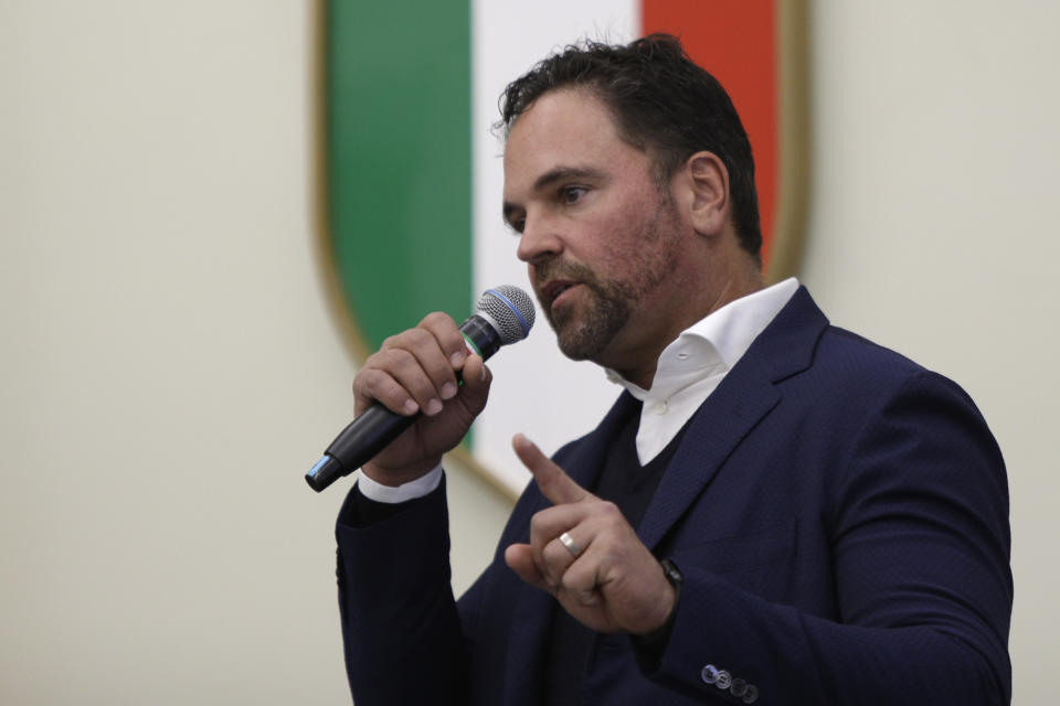 Hall of Fame catcher Mike Piazza speaks during his presentation as Italy's national baseball team coach, at the Italian Olympic Committee headquarters in Rome, Friday, Nov. 29, 2019. (AP Photo/Alberto Pellaschiar)