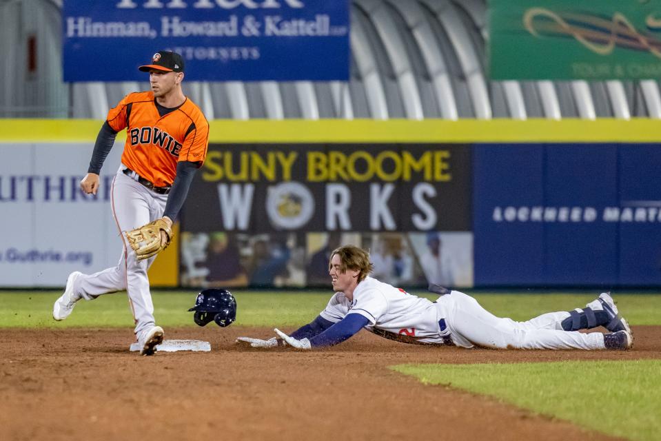 Brett Baty dives headfirst into second on a double Tuesday Night in Binghamton.