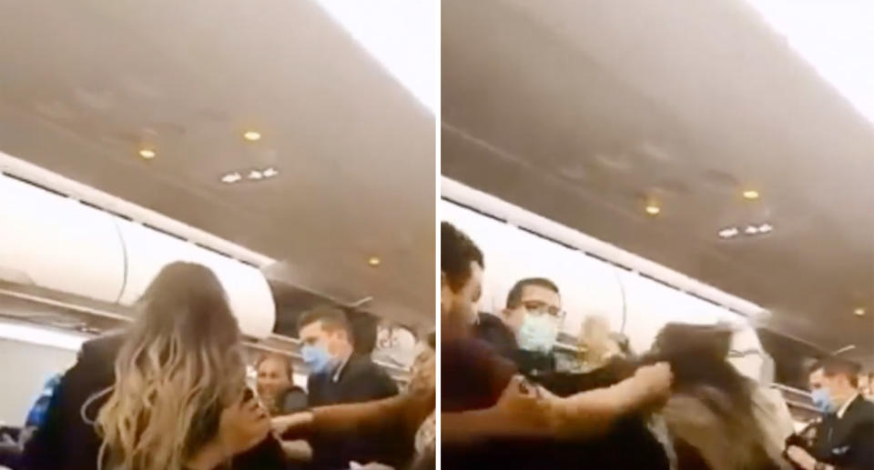 Two photos show passengers fighting on the plane.