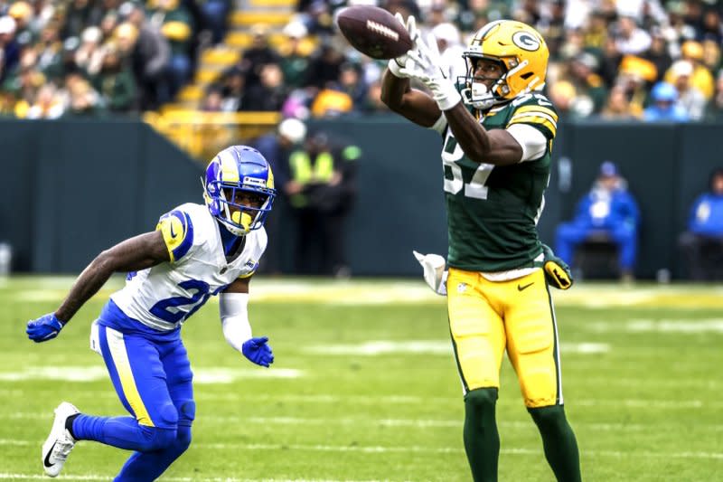 Green Bay Packers wide receiver Romeo Doubs (R) is a must-add fantasy football wide receiver. File Photo by Tannen Maury/UPI