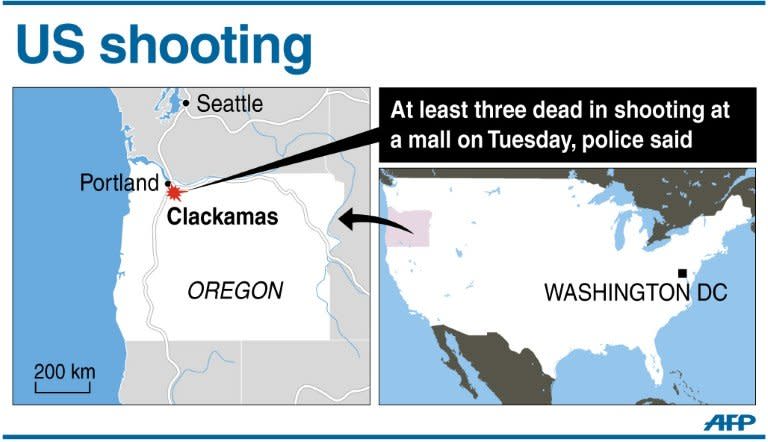 Graphic locating Clackamas in the western US state of Oregon, where a masked gunman openen fire at a mall on Tuesday and killed at least two people before apparently turning the gun on himself, police said