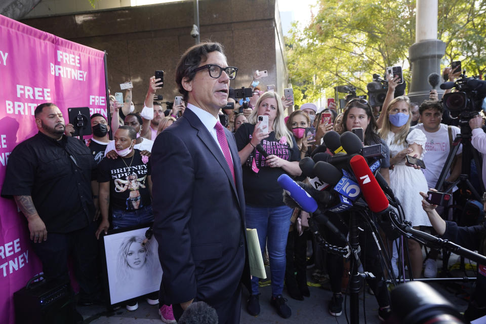 FILE - In this Wednesday, Sept. 29, 2021, file photo, Britney Spears' attorney Mathew Rosengart speaks outside the Stanley Mosk Courthouse, in Los Angeles. Media and the public initially were allowed to listen remotely to court proceedings as Spears sought to end her father's conservatorship over her finances. But Los Angeles County Superior Court canceled the remote access after someone recorded a hearing. The court instead allowed more people into the courtroom. (AP Photo/Chris Pizzello, File)