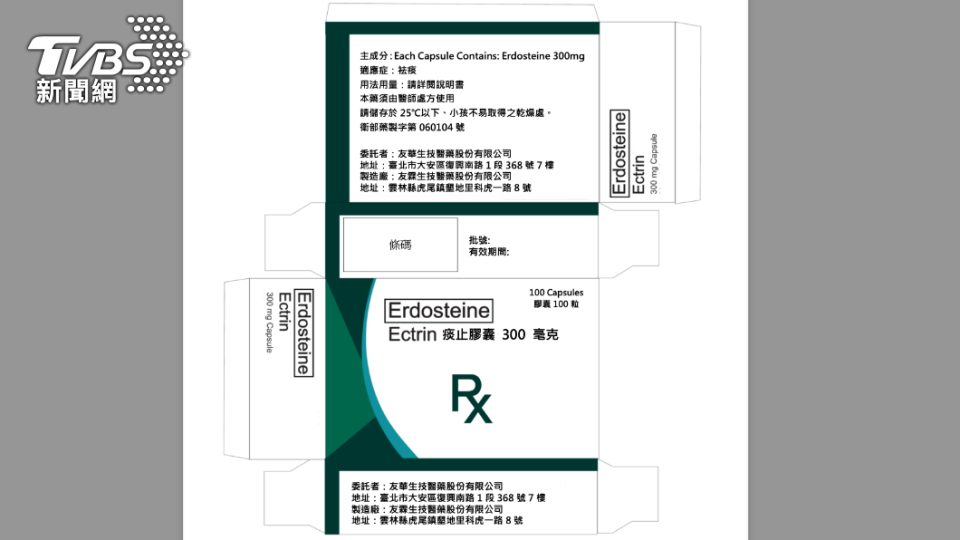 「痰止膠囊300毫克 Ectrin Capsules 300mg」外觀。（圖／食藥署提供）