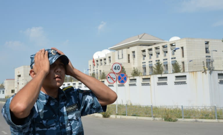 Three embassy workers were taken to hospital with injuries after the attack in the Kyrgyz capital