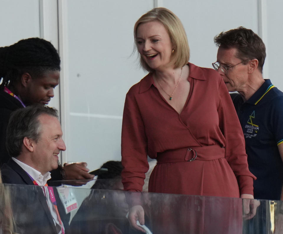 Liz Truss at Alexander Stadium to watch the athletics with husband Hugh O'Leary on day nine of the 2022 Commonwealth Games in Birmingham. Picture date: Saturday August 6, 2022. (Photo by Jacob King/PA Images via Getty Images)