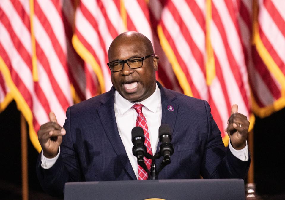 U.S. Rep. Jamaal Bowman speaks at Westchester Community College in Valhalla, N.Y. May 10, 2023.