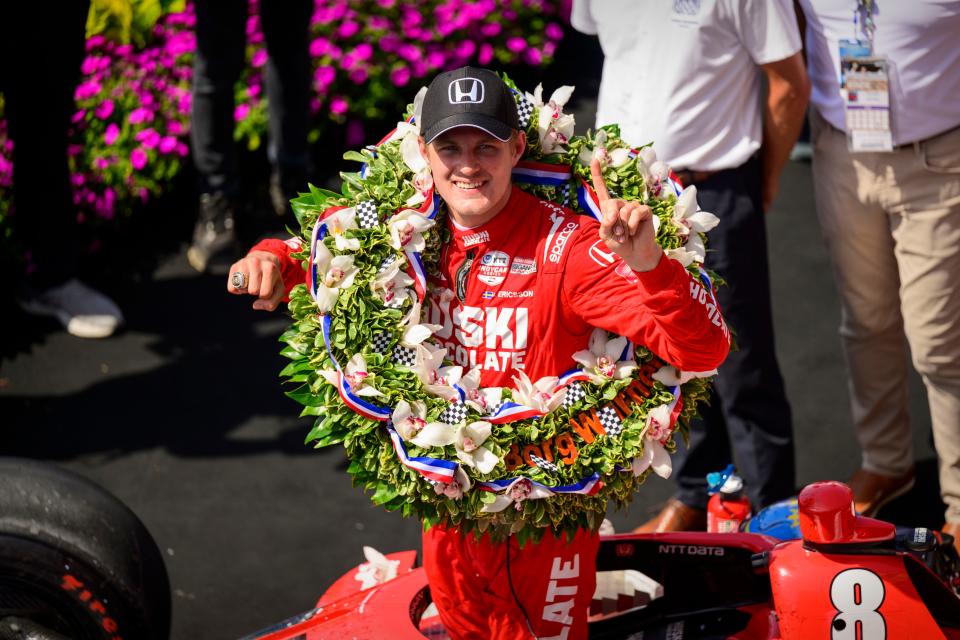 Marcus Ericsson celebrates after winning the 2022 Indianapolis 500.