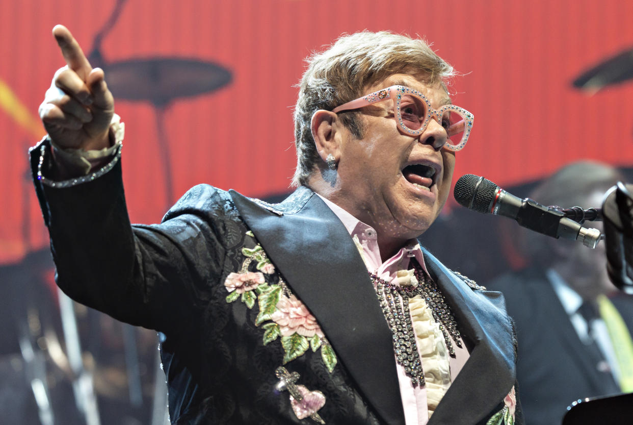 Musician Elton John performs on stage during the first of two concerts at the Royal Arena in Copenhagen on his farewell tour 'Farewell Yellow Brick Road Tour', Saturday May 18, 2019. (Torben Christensen/Ritzau Scanpix via AP)