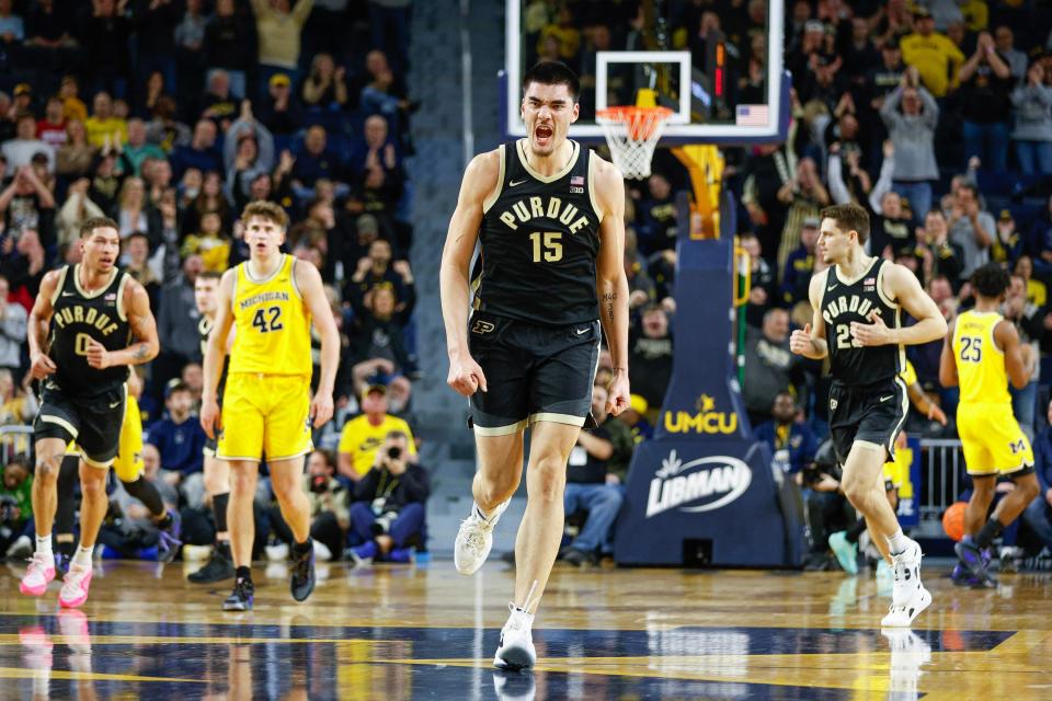 ANN ARBOR, MICHIGAN - FEBRUARY 25: Zach Edey #15 of the Purdue Boilermakers reacts after a basket in the first half of a game against the Michigan Wolverines at Crisler Arena on February 25, 2024 in Ann Arbor, Michigan. (Photo by Mike Mulholland/Getty Images)