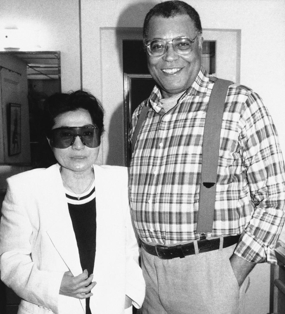 1987: Yoko Ono, left, joins actor James Earl Jones backstage at New York's 46th street theatre, Wednesday, May 14, 1987, after a performance of the Broadway play 