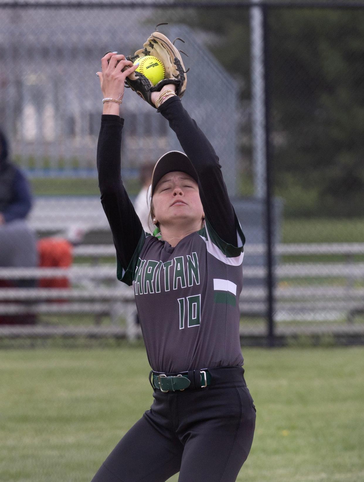 Rarian’s Bella Plath catches a pop up for an out. Raritan Softball defeats Holmdel 5-2 on April 19, 2024 in Holmdel, NJ.