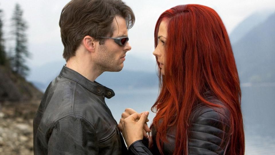 Cyclops (James Marsden) and Jean Grey (Famke Janssen) stare at each other before the end in X-Men: The Last Stand.