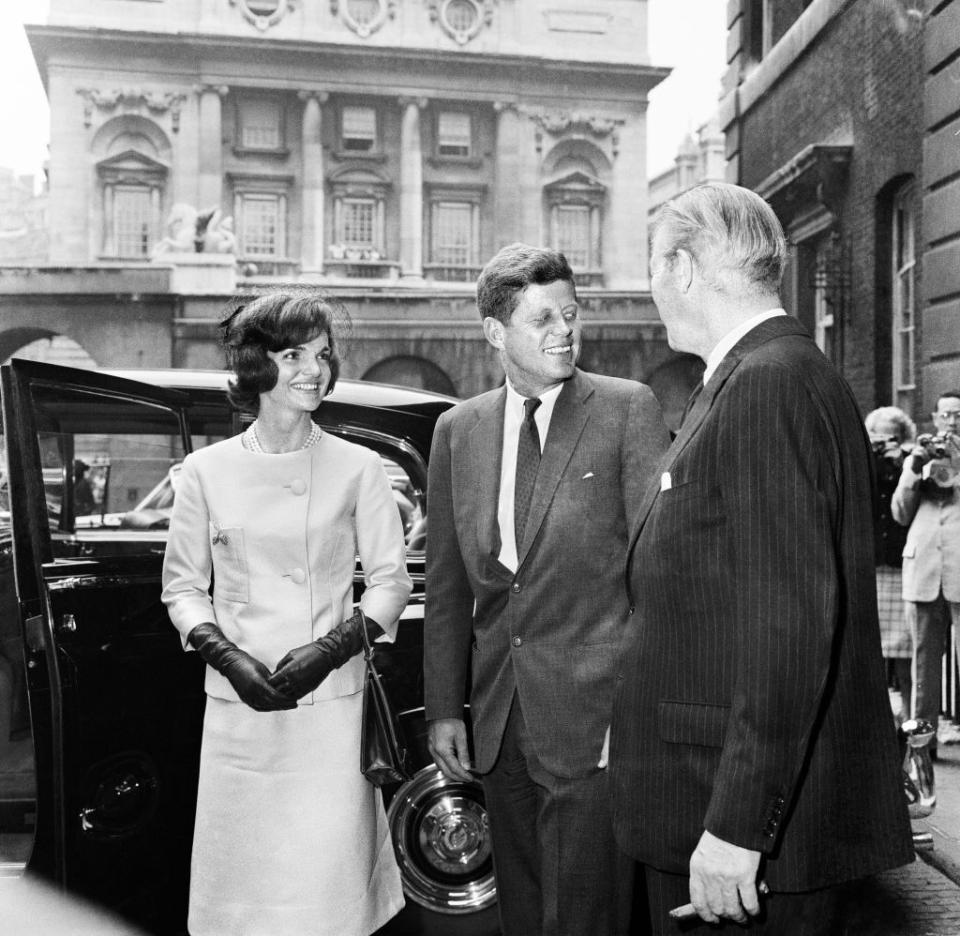 <p>President John F Kennedy with wife Jacqueline Kennedy and Prime Minister Harold Macmillan at London's Admiralty House, on the second day of their visit to London, England in 1961. The President and Prime Minister met to review the world situation following Kennedys talks with Chairman Khruschev in Vienna two days earlier.<br></p>