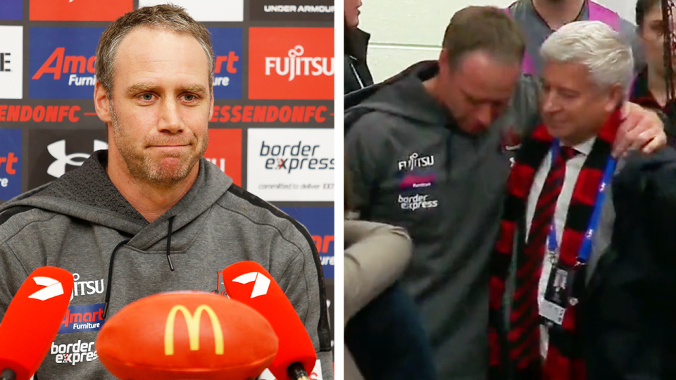 Essendon coach Ben Rutten (pictured left) during a press conference and (pictured right) being embraced.