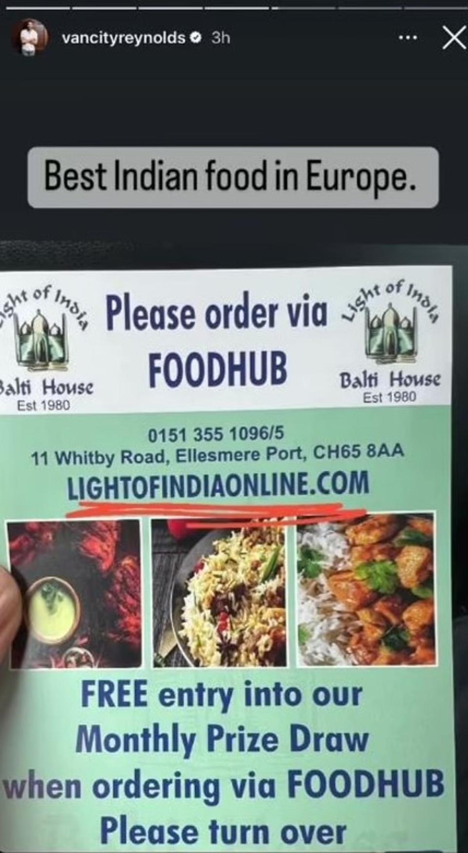 Ryan Reynolds has claimed a curry house in a Cheshire town has the ‘best Indian food in Europe’ (Instagram / Ryan Reynolds)