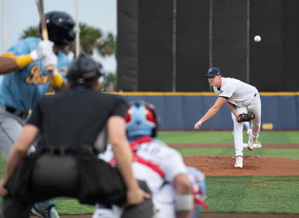 Dax Fulton throws a pitch for the Pensacola Blue Wahoos during the Double-A team's home opener against the Montgomery Biscuits.