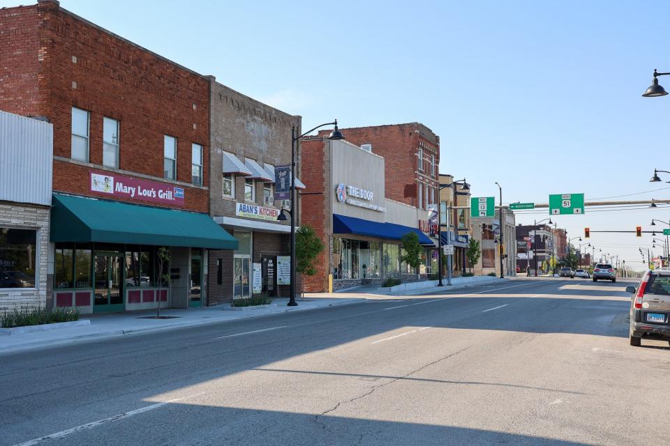 A downtown street in Carbondale, Illinois. April 2023.