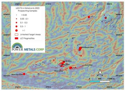 Figure 2 – Case Lake property map showing Li2O (%) in rock samples and location of untested target areas (CNW Group/POWER METALS CORP)