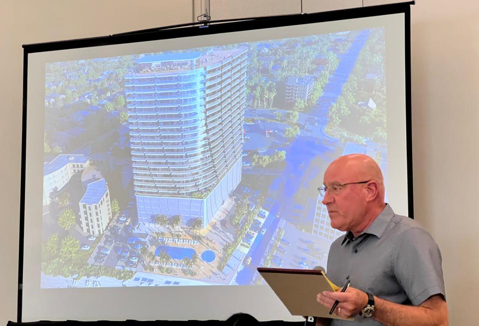 Engineer Joseph Hopkins of The Performance Group in Daytona Beach speaks at a developer-initiated neighborhood meeting on a proposed 25-story oceanfront luxury condo-hotel planned on the southeast corner of A1A and Silver Beach Avenue.