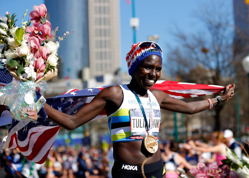 Aliphine Tuliamuk poses after winning the women's U.S. Olympic marathon trials last February. She has since given birth and wants to bring her daughter to the Tokyo Games. (Photo by Kevin C. Cox/Getty Images)