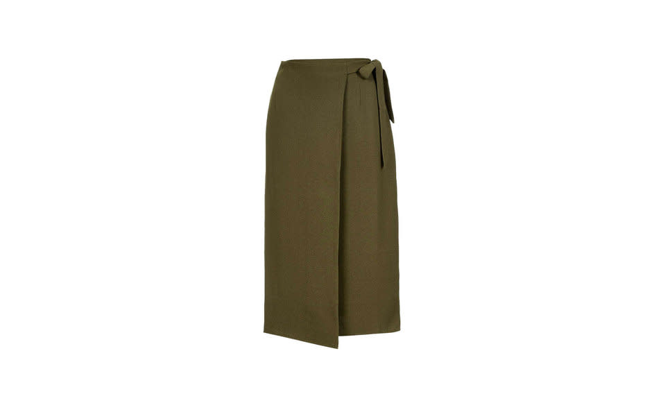 <p>The wrap-style silhouette of this skirt is ultra flattering and its deep olive green color looks lovely with pale pink or light blue.</p><p><strong>To buy: </strong>$66; <a rel="nofollow noopener" href="http://click.linksynergy.com/fs-bin/click?id=93xLBvPhAeE&subid=0&offerid=435415.1&type=10&tmpid=8373&RD_PARM1=http%3A%2F%2Fus.topshop.com%2Fen%2Ftsus%2Fproduct%2Fclothing-70483%2Fskirts-70504%2Fwrap-tie-midi-skirt-5753254&u1=TLFASappL1LongSkirtsRS1Sep16" target="_blank" data-ylk="slk:topshop.com;elm:context_link;itc:0;sec:content-canvas" class="link ">topshop.com</a></p>