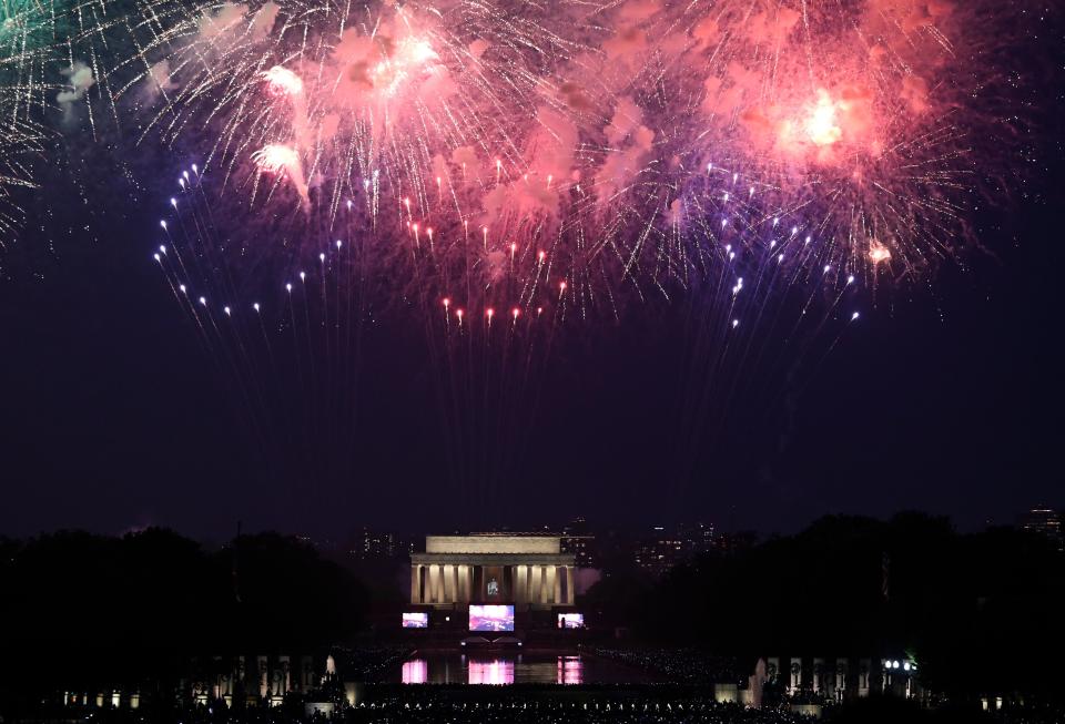 Fireworks spell out "USA" as they explode over the Lincoln Memorial during the Fourth of July celebrations in Washington, DC, July 4, 2019. (Photo: Andrew Caballero-Reynolds/AFP/Getty Images)