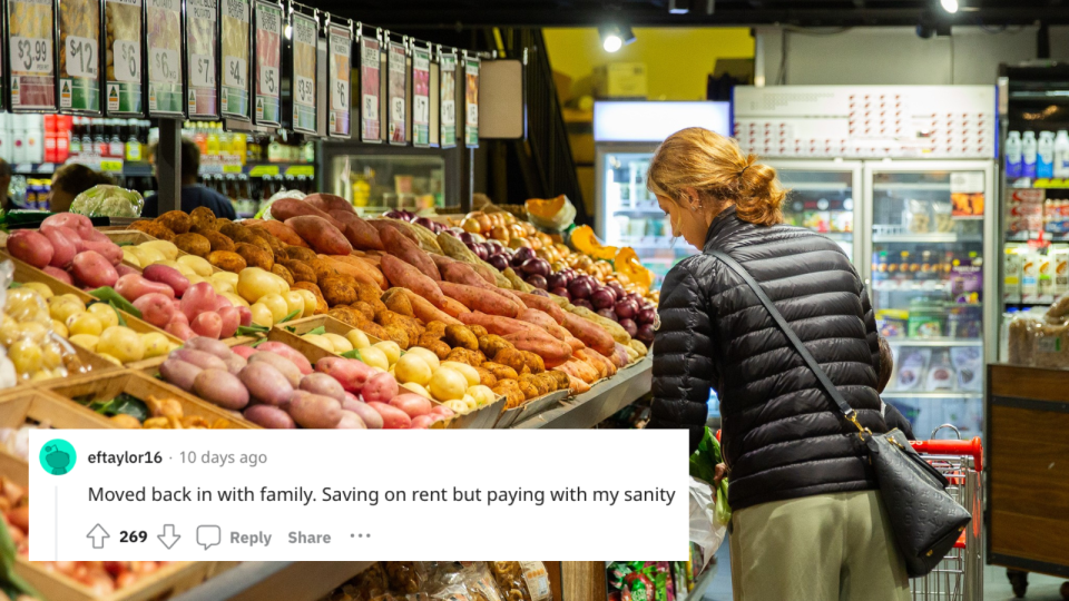 A composite image of a woman shopping in a grocery store and a copy of a reddit post of someone talking about how they are fighting the rising cost of living.