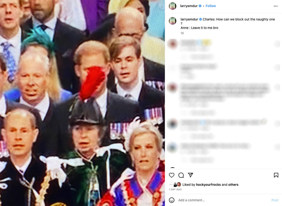 Prince Harry covered by Princess Anne's coronation hat