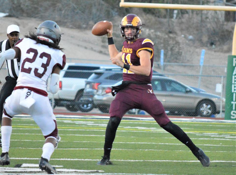 Victor Valley College's Tyler Karen attempts a pass in the second quarter against Antelope Valley College at Ray Moore Stadium on Saturday, Sept. 17, 2022.