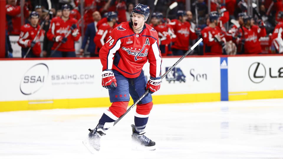 Washington Capitals defenseman John Carlson celebrates after scoring a goal against the Winnipeg Jets during the third period at Capital One Arena in Washington, DC on March 24. - Amber Searls/USA Today Sports/Reuters