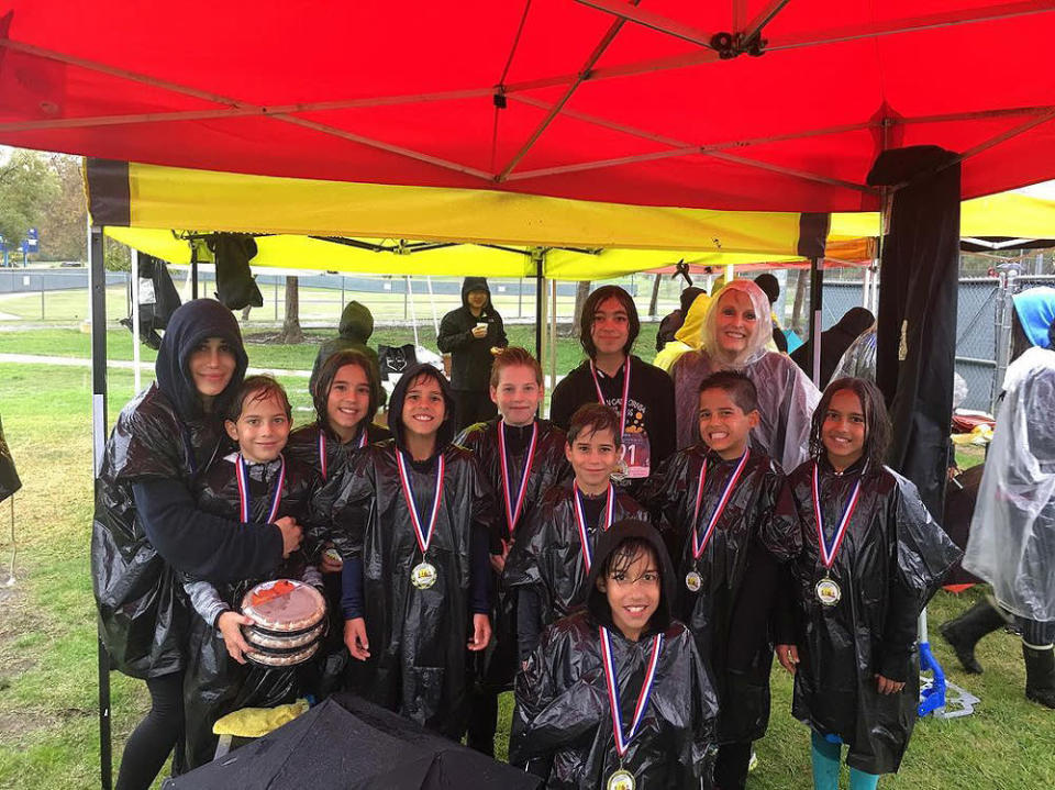<p>"Our Turkey Trot family tradition turned into a wet and wild, bone chillingly cold, mud run!" Suleman wrote on an <a href="https://www.instagram.com/p/Bqgar8qB8La/?hl=en" rel="nofollow noopener" target="_blank" data-ylk="slk:Instagram" class="link ">Instagram</a> of her kids wearing rain ponchos and medals after their 5K run.</p>