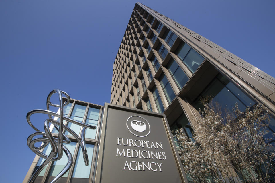 Exterior view of the European Medicines Agency, EMA, in Amsterdam's business district, Netherlands, Tuesday, April 20, 2021. Experts at the European Medicines Agency are preparing to present the conclusions of their investigation later on Tuesday into possible links between the Johnson & Johnson coronavirus vaccine and very rare cases of unusual clotting disorders detected in the U.S. (AP Photo/Peter Dejong)