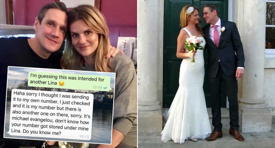 Michael Evangelou sent stranger Lina Dahlbeck a WhatsApp by mistake – three months later they were married (Pictures: SWNS)
