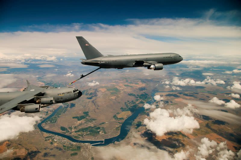 FILE PHOTO: File Photo: Boeing's KC-46 aerial refueling tanker conducts receiver compatibility tests with a U.S. Air Force C-17 Globemaster III from Joint Base Lewis-McChord, in Seattle