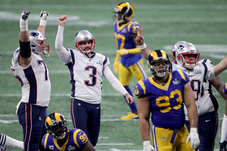 Stephen Gostkowski celebrates his Super Bowl LIII-clinching field goal in the fourth quarter of the New England Patriots’ 13-3 win over the Los Angeles Rams. (Getty)