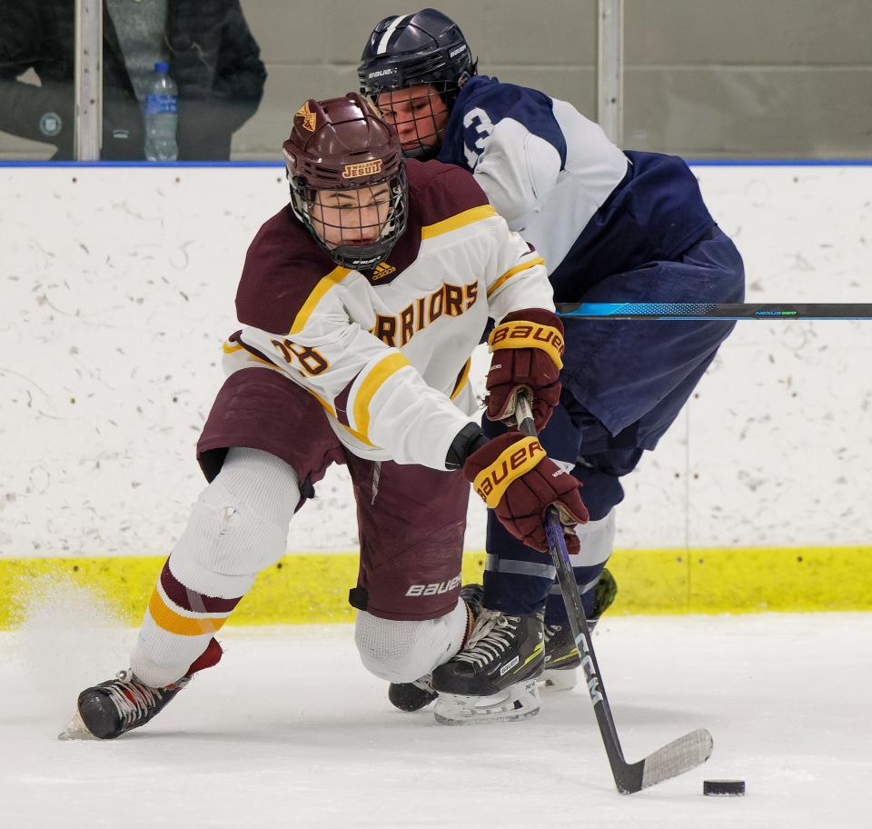 Walsh Jesuit's Pat McCarthy controls the puck with Hudson's Andrew Clark defending in a Division I district quarterfinal Wednesday at the Kent State Ice Arena.