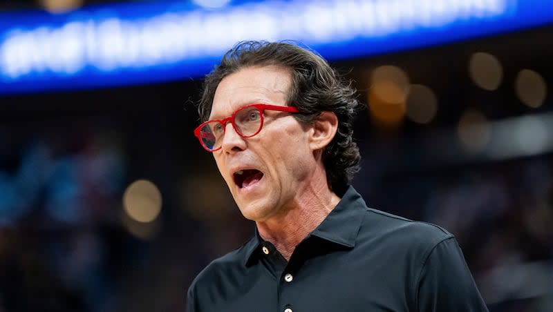 Atlanta Hawks coach Quin Snyder calls out to players during the second half of the team's NBA basketball game against the Utah Jazz, Friday, March 15, 2024, in Salt Lake City.