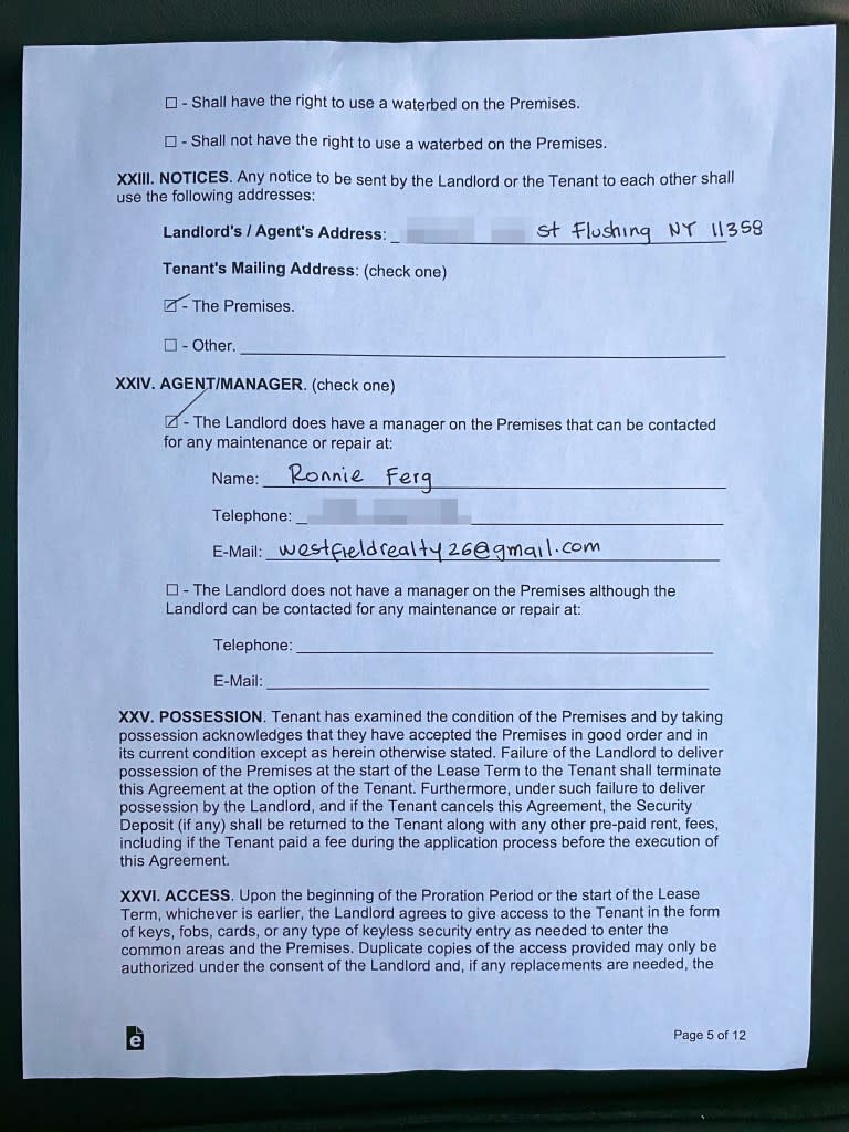 A page from the lease that Brian Rodriguez told The Post he signed with Ronnie Ferg, a man who, he says, claimed to be a legitimate real estate broker. Brian Zak/NY Post