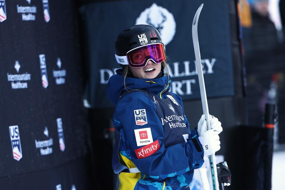 Olivia Giaccio of Team United States looks on after her run in the Women's Mogul Finals during the Intermountain Healthcare Freestyle International Ski World Cup at Deer Valley Resort on Jan. 14, 2022 in Park City, Utah. (Photo by Tom Pennington/Getty Images)