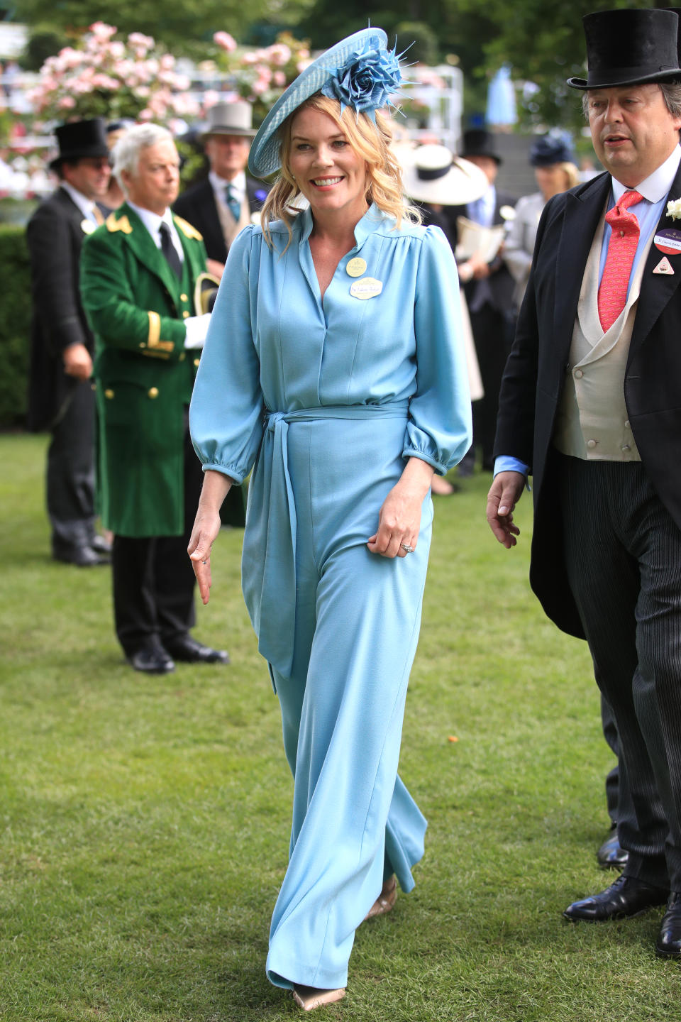 Autumn Phillips looked chic in a bespoke powder blue jumpsuit by Claire Mischevani (available in white <a href="https://fave.co/2Kz7vhh" rel="noopener" target="_blank" data-ylk="slk:here;elm:context_link;itc:0;sec:content-canvas" class="link ">here</a>) with a hat by Sally Ann Provan. <em>[Photo: Getty]</em>