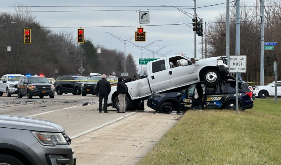 A crash between a pickup truck and a police cruiser has shut down U.S. 35 west of Dayton, Ohio, Jan. 8, 2024. (Courtesy/WDTN)