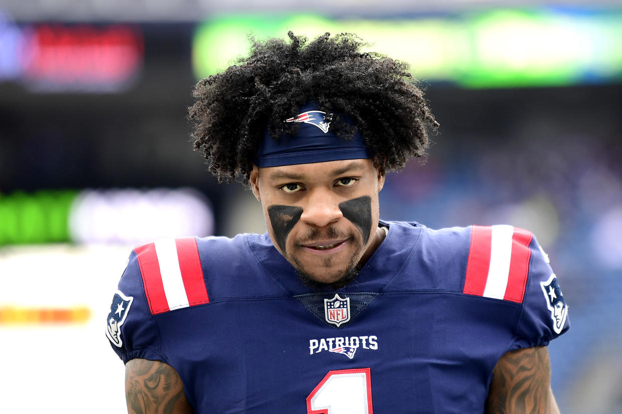 FOXBOROUGH, MASSACHUSETTS - NOVEMBER 28: N'Keal Harry #1 of the New England Patriots looks on during warm-up before the game against the Tennessee Titans at Gillette Stadium on November 28, 2021 in Foxborough, Massachusetts. (Photo by Billie Weiss/Getty Images)