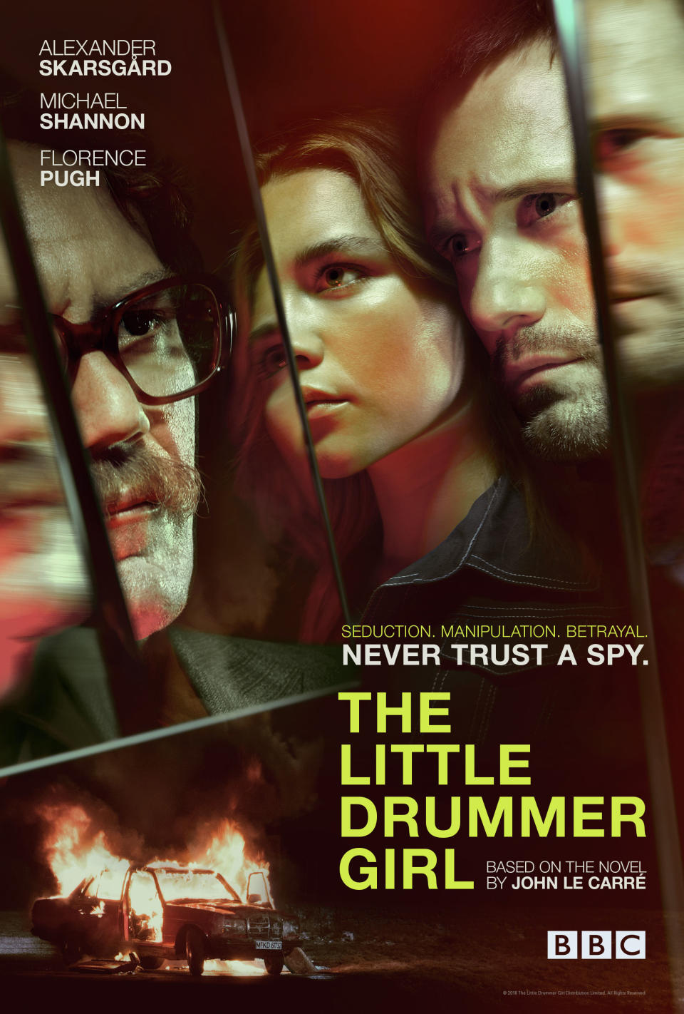 MICHAEL SHANNON as Kurtz, FLORENCE PUGH as Charlie and AELXANDER SKARSGARD as Becker. (© 2018 The Little Drummer Girl Distribution Limited. All rights reserved.)