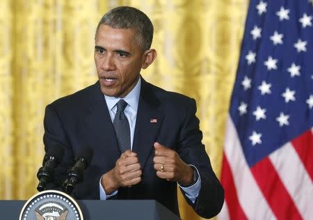 U.S. President Barack Obama addresses a joint news conference with Italian Prime Minister Matteo Renzi in the East Room of the White House in Washington April 17, 2015. REUTERS/Jonathan Ernst