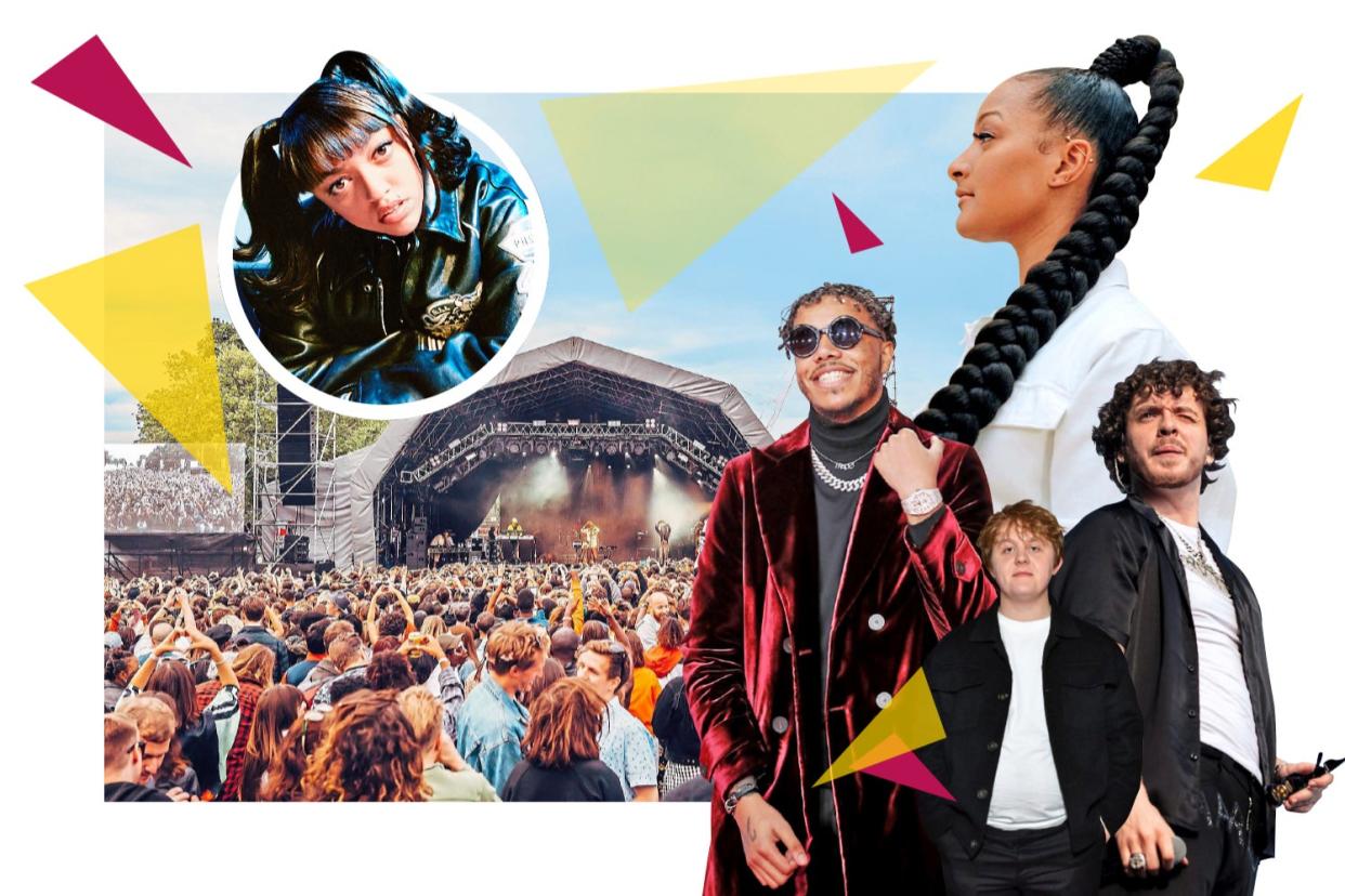 Party on: Cross the Tracks, main. From l-r, Mahalia, AJ Tracey, Nbuya Garcia, Lewis Capaldi and Jack Harlow (Getty)