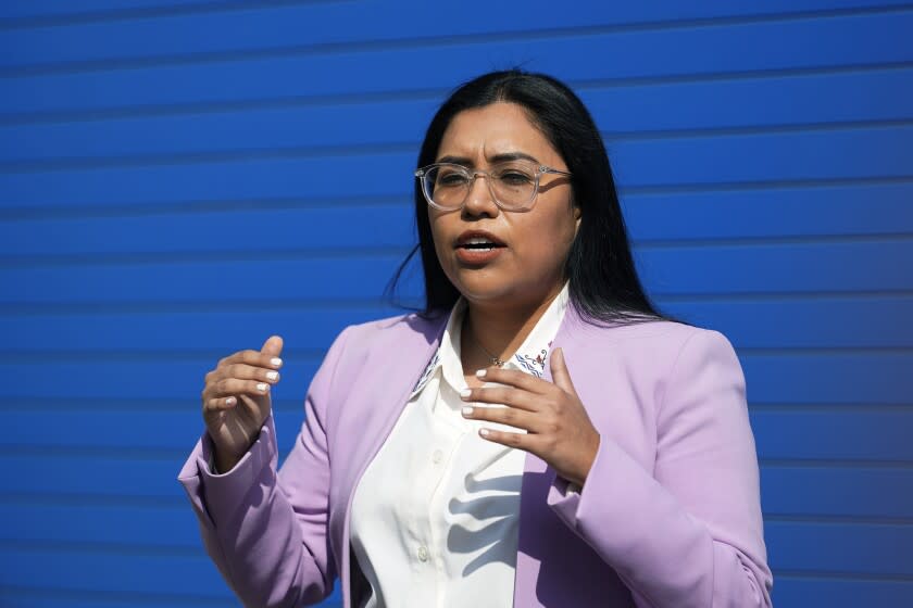 FILE - Democratic Congressional candidate Jessica Cisneros speaks to the media before a rally, Feb. 12, 2022, in San Antonio. Cisneros is challenging nine-term U.S. Rep. Henry Cuellar in Texas' Democratic primary runoff election on Tuesday May 24, 2022. (AP Photo/Eric Gay, File)