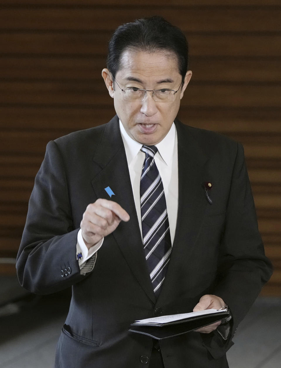 Japan’s Prime Minister Fumio Kishida speaks to reporters about a notification by North Korea, at his office in Tokyo Monday, May 29, 2023. North Korea has notified neighboring Japan that it plans to launch a satellite in coming days, which may be an attempt to put Pyongyang's first military reconnaissance satellite into orbit. (Kyodo News via AP)