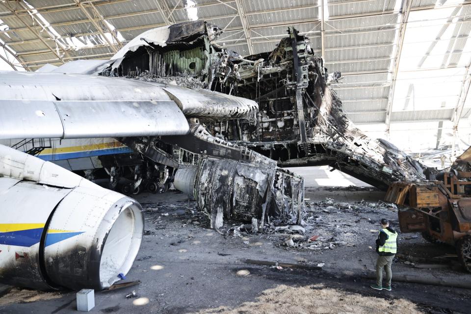 A view of the wreckage of the Antonov An-225 Mriya, the world's largest cargo plane, after it was destroyed by Russia. (Photo by Dogukan Keskinkilic/Anadolu Agency via Getty Images)